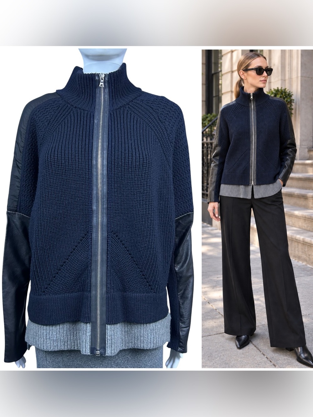 Yigal Azrouel Wool Full Zip Bomber Sweater Jacket S Leather Sleeves Layered